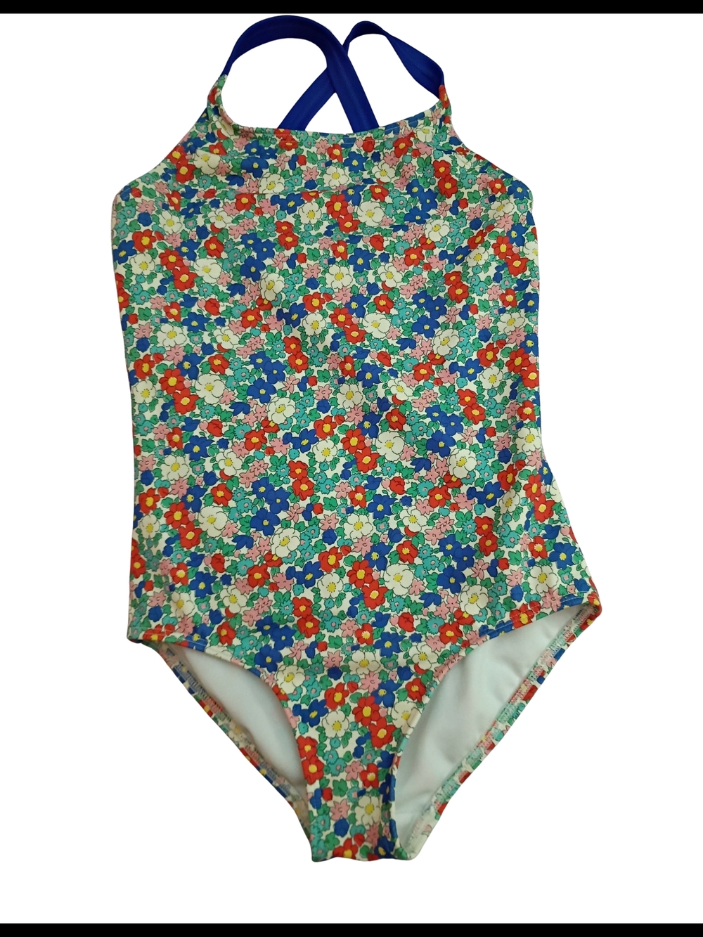 Mini Boden Multicolor Floral One-Piece Swimsuit with Blue Crisscross Straps